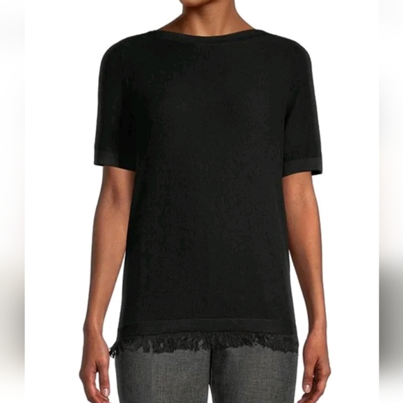 Ann Taylor Factory Sweater XS Short Sleeved Fringe Black 375A - Picture 1 of 5